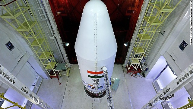 The PSLV-C25 launch vehicle is pictured with the heat shield closed.