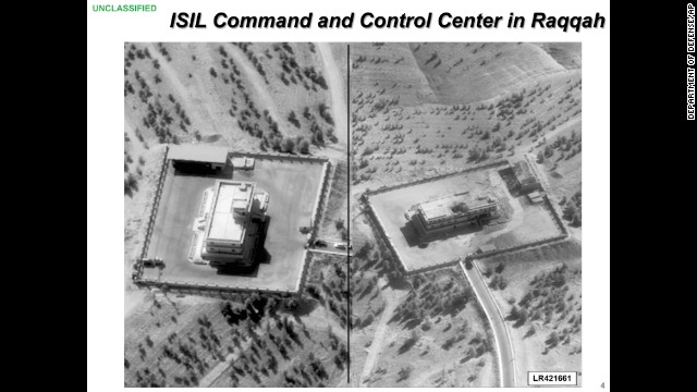 This before-and-after image, provided by the U.S. Department of Defense, shows what is purported to be an ISIS command center that was targeted by airstrikes in Raqqa, Syria.
