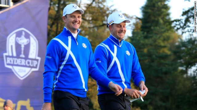 Watson and Simpson were no match for European pairing of England's Justin Rose (left) and Swede Henrik Stenson. The experienced duo won the match comfortably 5&amp;4 to give Europe the first point of the match. The pair ended up taking maximum points on Friday with a 2&amp;1 win over Hunter Mahan and Zach Johnson in the afternoon foursomes. 