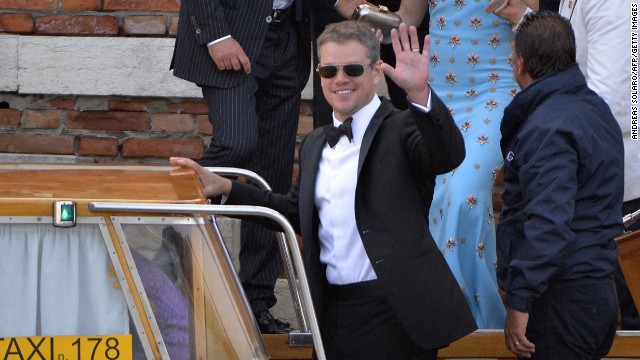 Actor Matt Damon boards a taxi boat at the Hotel Cipriani.