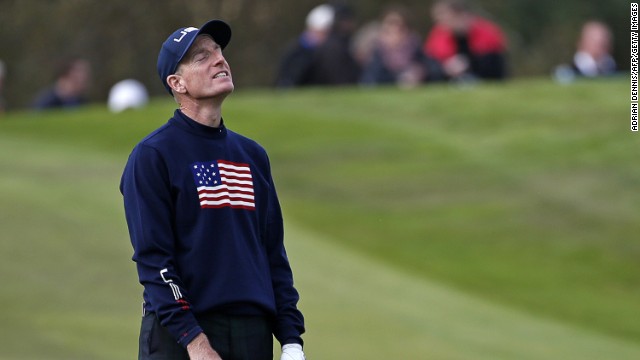 Jim Furyk curses his luck on day two at Gleneagles. The veteran American, who is playing in his ninth Ryder Cup, won his morning fourball with partner Hunter Mahan, but the pair lost out to Sergio Garcia and Rory McIlroy in the afternoon foursomes. 