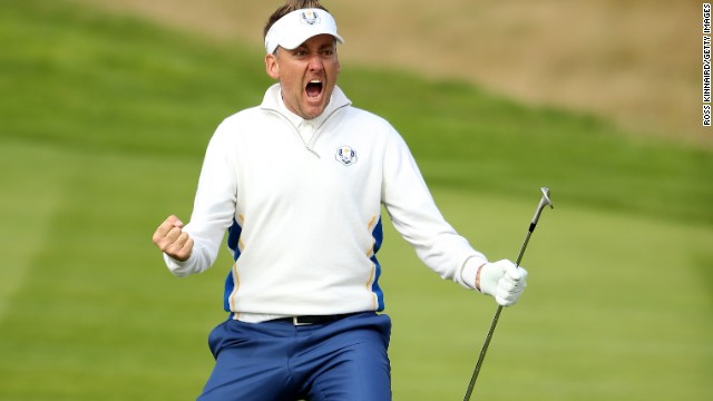Ian Poulter is known as Europe's postman, because he always delivers. Here he celebrates some first-class chipping, holing out at the 15th in the morning fourballs.