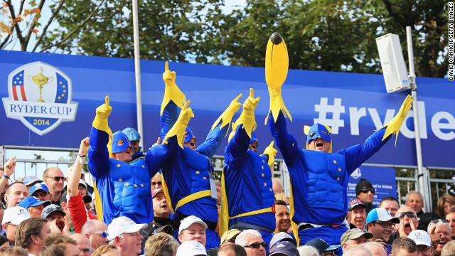 Spectators dressed as bananaman enjoying day two in the grandstands at Gleneagles.
