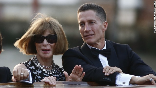 Anna Wintour, Vogue magazine's editor-in-chief, and Bruce Bozzi Jr., the executive vice president of the Palm Restaurant Group, arrive to the private ceremony on September 27. The wedding was marked with a star-studded bash at the Aman Canal Grande Venice resort, housed in the 16th-century Palazzo Papadopoli. Guests arrived via taxi boat.