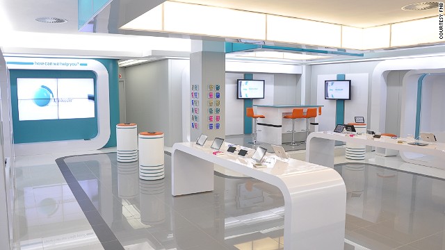 The glossy interior of the flagship Dot FNB store in Cape Town, South Africa (pictured) uses "interactive gesture technology," which detects when people pass by the store front, prompting messaging and letting customers interact with the screen to learn more about its products and services. 