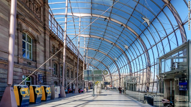 A giant canopy of curved glass covers the 1880s facade of France's Gare de Strasbourg, giving the station the look of a dazzling jewel from the outside. 