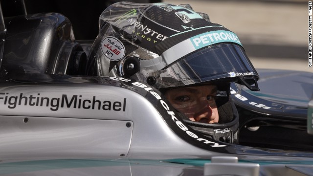 Nico Rosberg's helmet has a sticker saying "All of us with Jules" in French to support Bianchi. His Mercedes also has a message backing F1 legend Michael Schumacher, who is in long-term recovery after a skiing accident 10 months ago. 