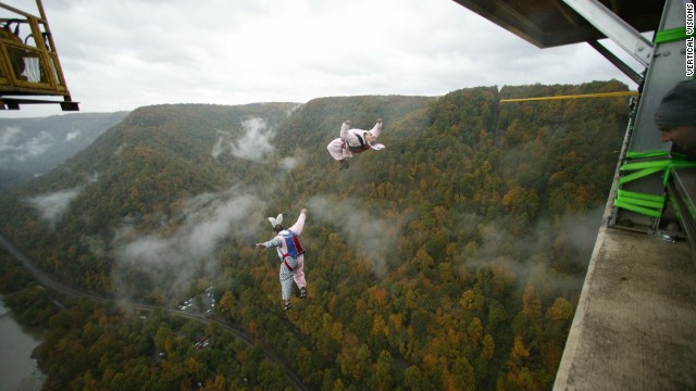 The "Easter Pigs" jumpers perform a two-way jump at Bridge Day in 2004.