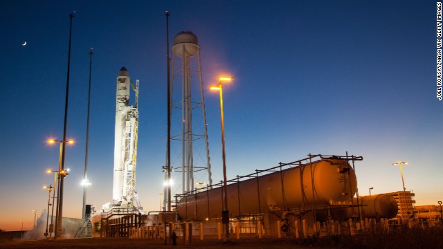 The Antares rocket, with the Cygnus spacecraft on board, is seen on Launch Pad-0A after the launch attempt was scrubbed on October 27.