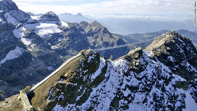 The world's first pedestrian suspension bridge to connect two mountain peaks opened on Glacier 3000 in Switzerland's Bernese Oberland in October. The 107-meter (351 feet) bridge connects View Point peak with Scex Rouge peak.