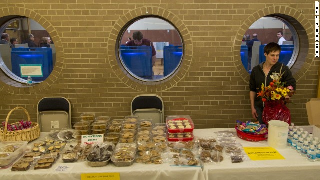 A bake sale is held outside Jefferson Elementary School, a polling place in Milwaukee.