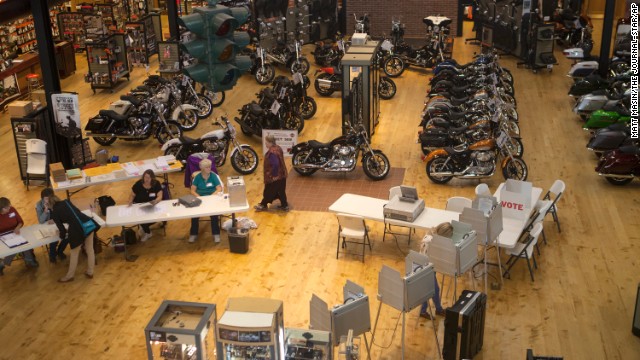 People vote inside the Frontier-Harley Davidson store in Lincoln, Nebraska.