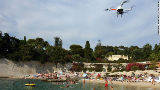 This drone, hovering above a beach in southern France in 2009, carried a thermal-imaging camera -- designed to let scientists check levels of pollution in the sea.