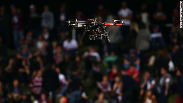 A year later, this drone is seen hovering above the field during a National Rugby League game between Australian sides Manly Warringah Sea Eagles and the Sydney Roosters.