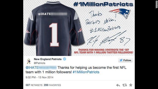 To help celebrate reaching 1 million Twitter followers, the NFL's New England Patriots encouraged fans to retweet a post in exchange for a personalized digital Patriots jersey. This promotional move led to the Patriots accidentally sending out a tweet that contained a racial slur. 