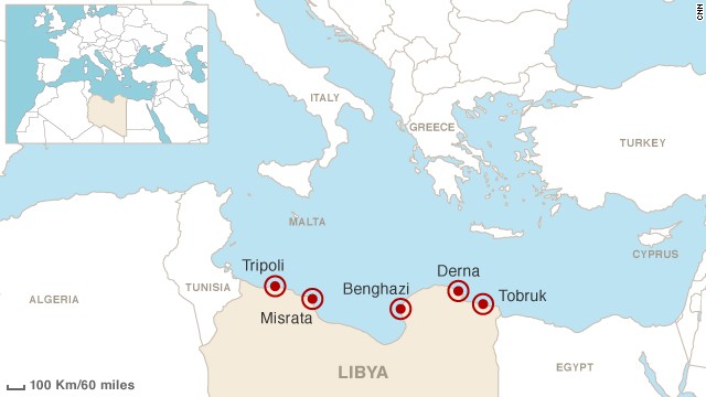 Map showing location of Derna in Libya