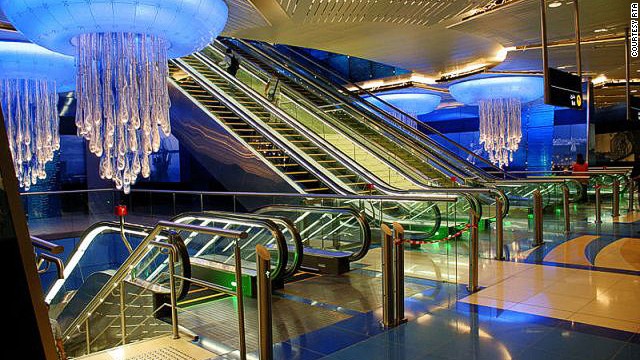Jellyfish chandeliers add to the water theme of the Khalid Bin Al Waleed station beneath Dubai's BurJuman shopping center.