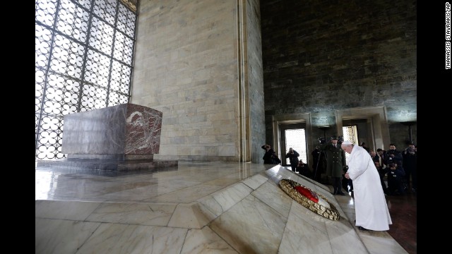 The Pope pauses after laying a wreath at the Ataturk Mausoleum on November 28.
