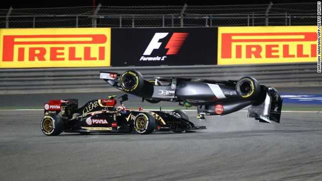 Formula One driver Esteban Gutierrez goes airborne after crashing with Pastor Maldonado during the Bahrain Grand Prix on Sunday, April 6. He was not injured.