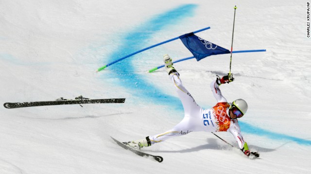 Joan Verdu Sanchez of Andorra crashes in the first run of the men's giant slalom during the Winter Olympics in Sochi, Russia, on February 19. <a href='http://www.cnn.com/2014/02/08/worldsport/gallery/falling-down-in-sochi/index.html'>See more photos of athletes falling down in Sochi</a>