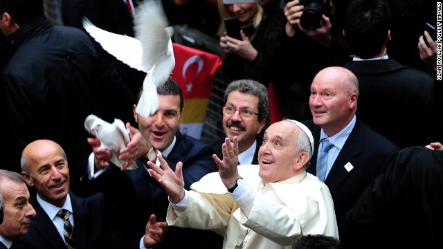 Pope Francis releases a dove at Istanbul's Holy Spirit Cathedral on November 29.