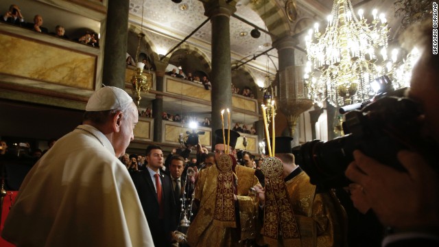 Pope Francis arrives to attend an ecumenical prayer with Ecumenical Patriarch Bartholomew I at the Patriarchal Church of St. George in Istanbul on November 29. 