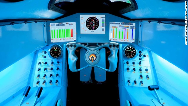 A view of the cockpit of the Bloodhound SSC. Green - who described the job of the driver as 'uncomfortable (but) hugely busy' - says that he will have to deal with high G forces, heat and vibration when he makes the attempt in South Africa. 