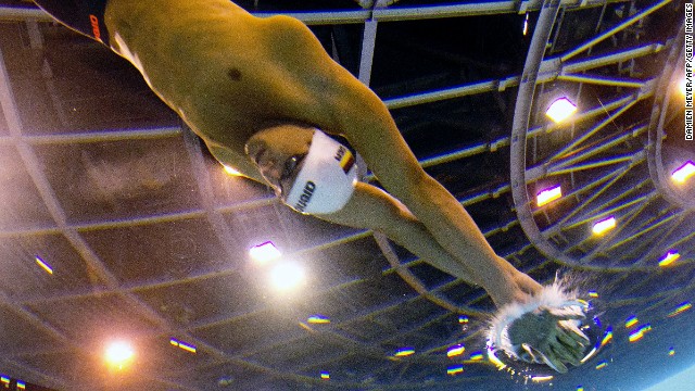 In this photo taken with an underwater camera, Germany's Robin Backhaus competes in the 4x200-meter freestyle during the European Swimming Championships on Saturday, August 23.