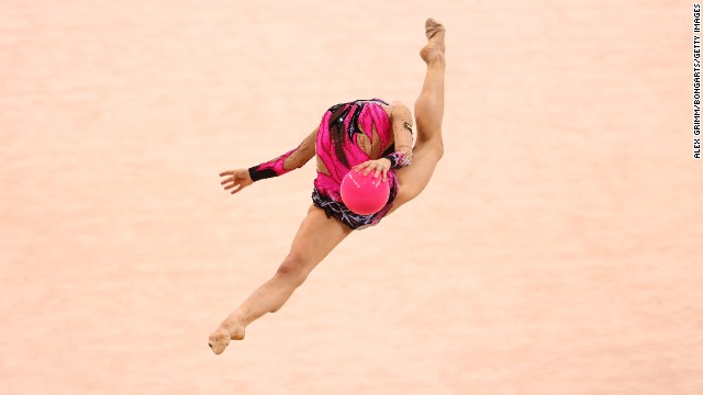 Bulgarian gymnast Sara Staykova performs during the Rhythmic Gymnastics World Cup event in Stuttgart, Germany, on Saturday, March 22.