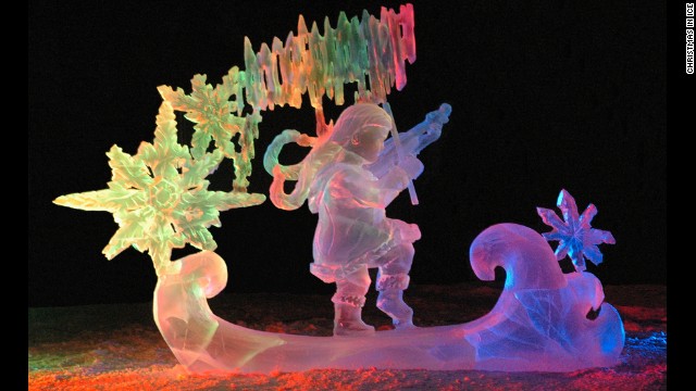 Watch ice become even more stunning than usual as Christmas in Ice's festive ice sculptures are brightened with colorful lights in North Pole, Alaska.