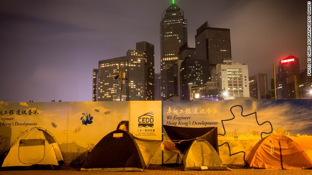 Few pro-democracy activists tents remain on the road outside Hong Kong's Government Complex on December 9.