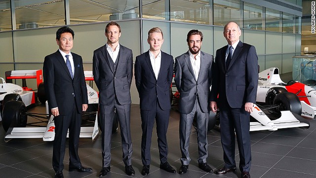 Spaniard Fernando Alonso will be partnered by Jenson Button, while Kevin Magnussen (middle) is retained as third driver. 