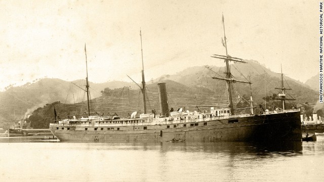 The SS City of Rio de Janeiro, which transported passengers and cargo between Asia and San Francisco, has been found in 287 feet of water in the San Francisco Bay. The ship sank in 1901 after running into jagged rocks near where the Golden Gate Bridge now stands. The ship is shown here in an 1894 photo taken in Nagasaki, Japan.