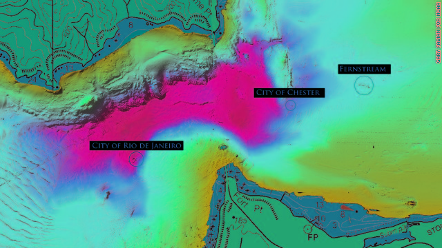 The SS City of Rio de Janeiro shipwreck is just one of a number of shipwrecks in the San Francisco Bay Area. It's shown here in a multi-beam sonar image of San Francisco's Golden Gate area along with the <a href='http://sanctuaries.noaa.gov/shipwrecks/city-of-chester/' target='_blank'>SS City of Chester</a> and <a href='http://sanctuaries.noaa.gov/shipwrecks/fernstream/' target='_blank'>MV Fernstream.</a>