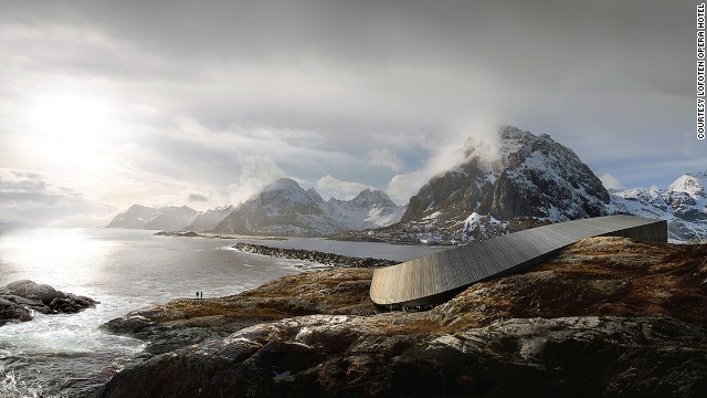 Norway's Lofoten archipelago is a dramatic union of soaring peaks, untouched beaches and sheltered bays. The Lofoten Opera Hotel cascades toward the sea from the mountains. 