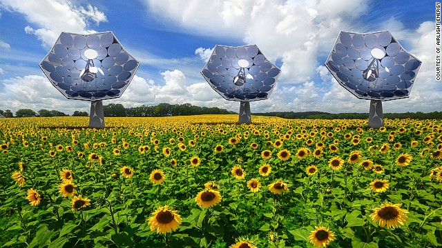The Sunflower Solar Harvester, being developed by the Swiss company Airlight Energy, tracks the sun like a sunflower and cools itself by pumping water through its veins like a plant. In the process, it produces heat, desalinated water, and refrigeration from the 12kW of energy it produces with just 10 hours of sunlight.