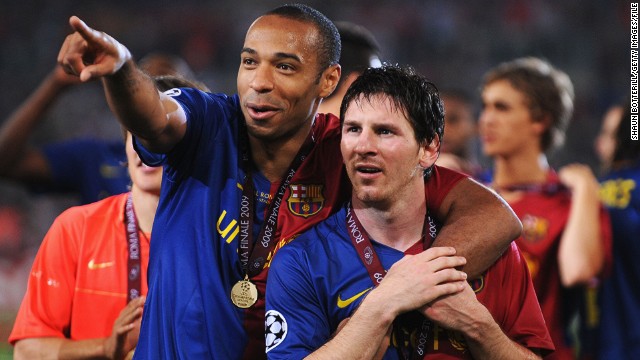 Henry with Barcelona talisman Lionel Messi following the Champions League final win over Manchester United in 2009. Henry had picked up a runners-up medal with Arsenal in 2006. 