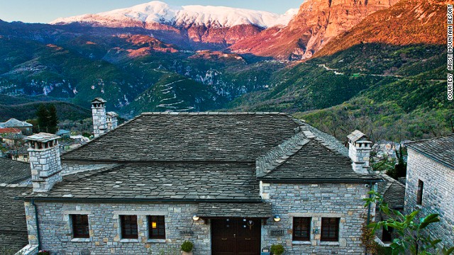 The Aristi Mountain Resort enjoys grand views of the "Towers of Astraka," striking rock cliffs that dominate the skyline.