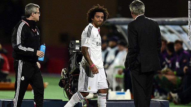 There are concerns for Real Madrid when Brazilian defender Marcelo limps off during the first half.