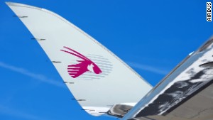 A close up of the Qatar Airways A350 XWB \'sharklet\'. 