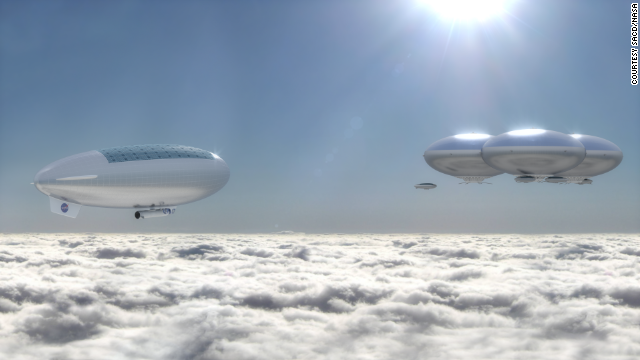 This artist's impression shows what NASA's HAVOC plan for a human colony on Venus would look like over the clouds of the planet.