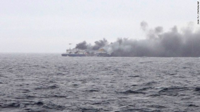 Smoke rises from the Norman Atlantic ferry.