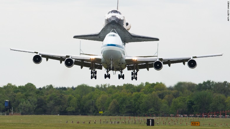 NASA's Boeing 747 Shuttle Carrier Aircraft landing at Dulles International Airport near Washington.