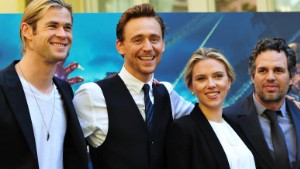 Australian actor Chris Hemsworth, British actor Tom Hiddleston, US actress Scarlett Johansson and US actor Mark Ruffalo pose during the photocall of 'The Avengers' on April 21, 2012 in Rome