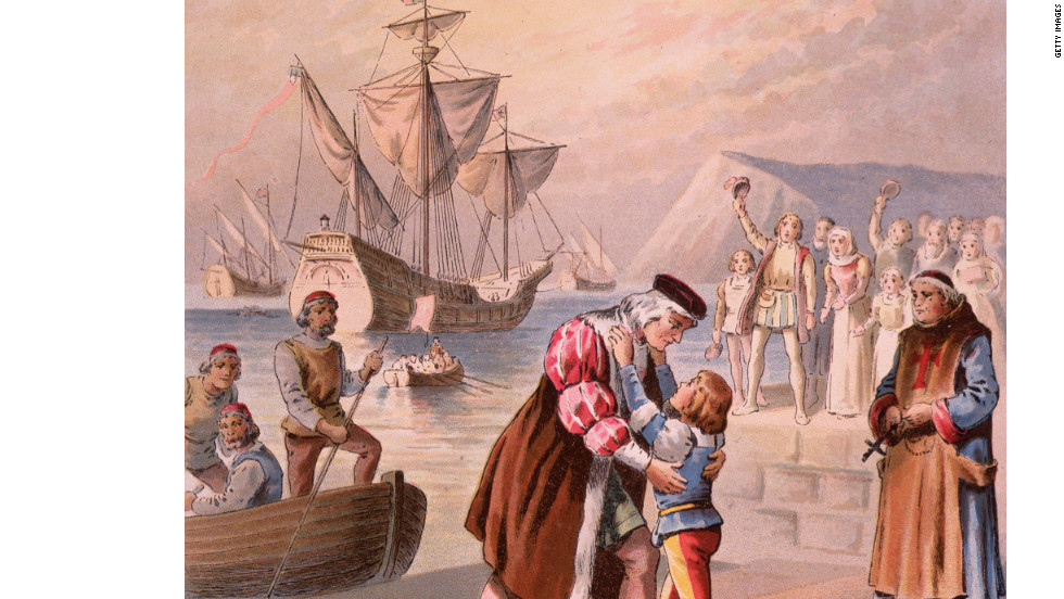 Christopher Columbus bids farewell to his son Diego at Palos, Spain, before embarking on his first voyage on August 3, 1492.