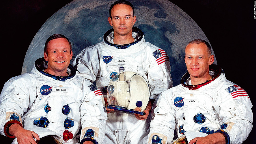 The astronaut crew of the Apollo 11 mission are pictured in May 1969. Left to right are Neil Armstrong, commander; Michael Collins, command module pilot; and Edwin 'Buzz' Aldrin, lunar module pilot.