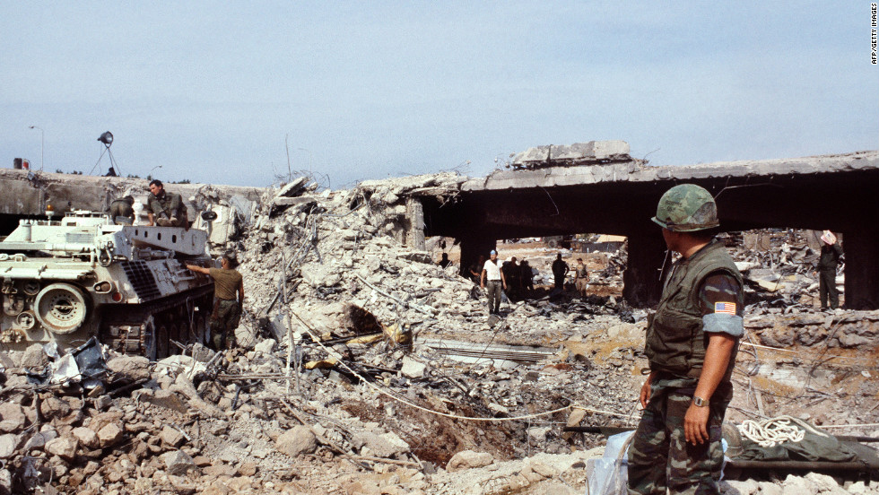 U.S. marines searching for victims in Beirut eight days after an attack that killed 241 American soldiers on October 23, 1983.