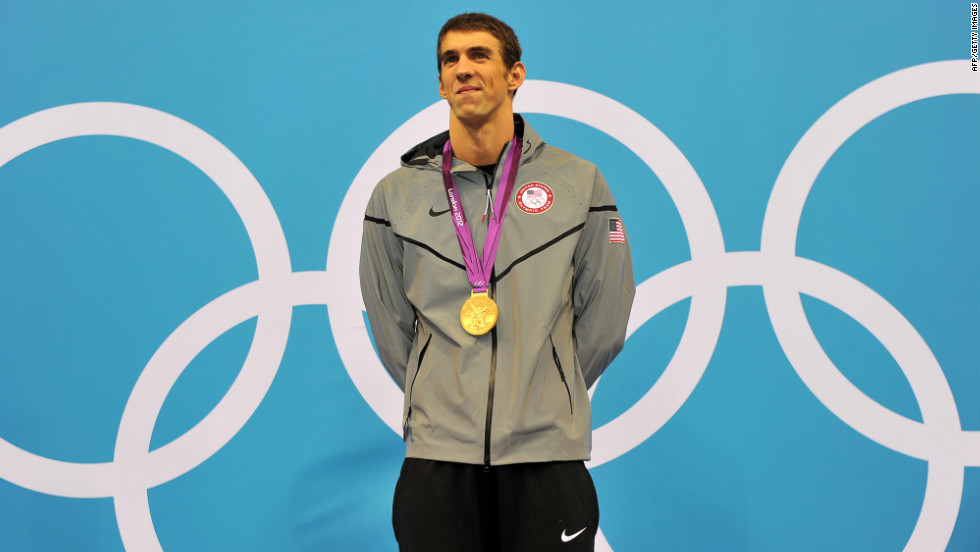 U.S. swimmer Michael Phelps on the podium after winning the men's 200-meter individual medley in the London Olympics.