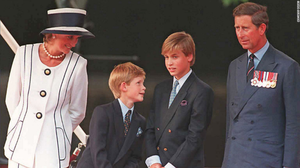 Princess Diana, from left,  Prince Harry, Prince William and Prince Charles gather for the commemorations of VJ Day on August 19, 1995, in London. 