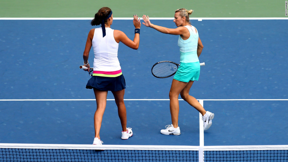Julia Goerges, left, of Germany and Kristyna Pliskova of the Czech Republic react after a point against Sara Errani and Roberta Vinci of Italy on Tuesday.